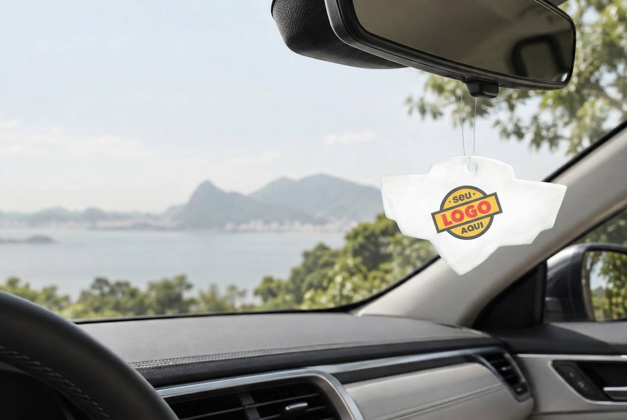 Aromatizador personalizado com o selo Seu Logo Aqui, pendurado no retrovisor de um carro