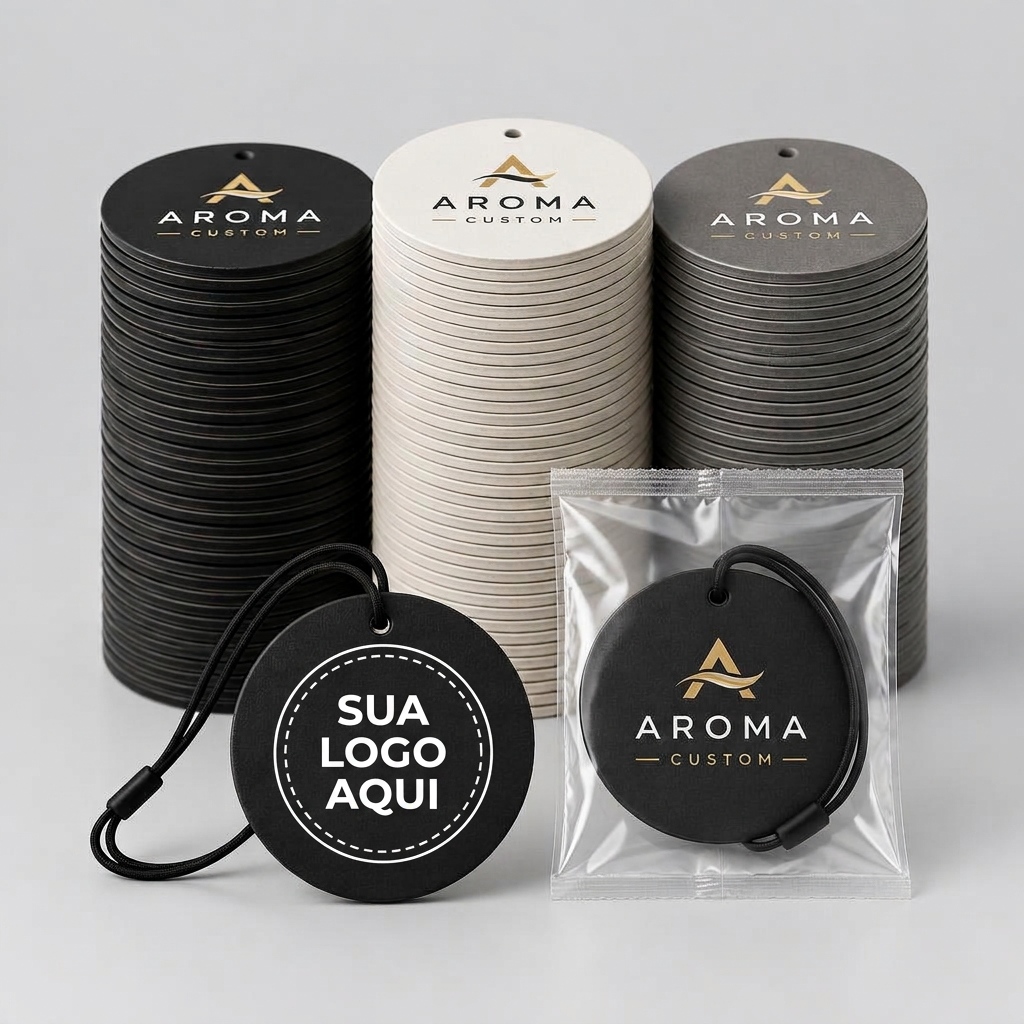 Pilhas de aromatizadores Aroma Custom personalizados, com exemplos embalados e com cordão